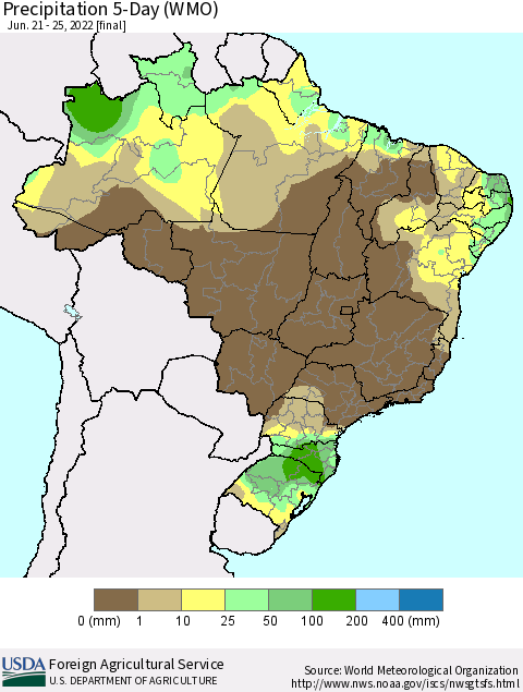 Brazil Precipitation 5-Day (WMO) Thematic Map For 6/21/2022 - 6/25/2022