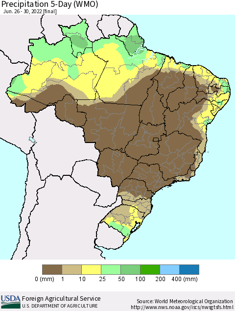 Brazil Precipitation 5-Day (WMO) Thematic Map For 6/26/2022 - 6/30/2022