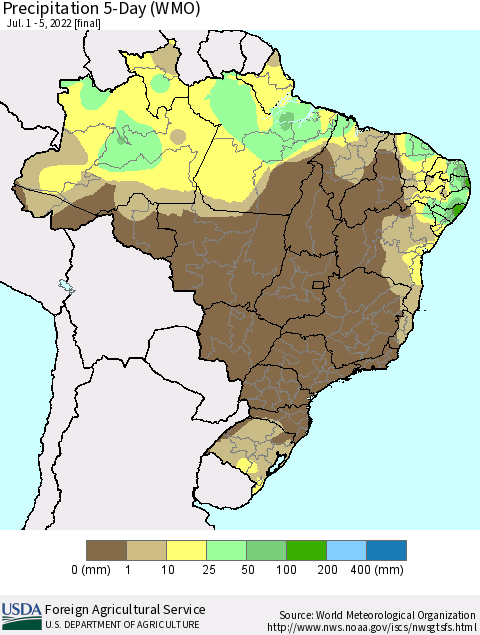 Brazil Precipitation 5-Day (WMO) Thematic Map For 7/1/2022 - 7/5/2022