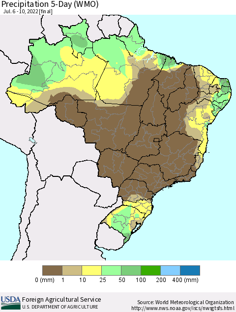 Brazil Precipitation 5-Day (WMO) Thematic Map For 7/6/2022 - 7/10/2022
