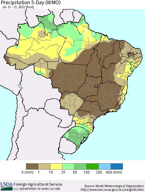 Brazil Precipitation 5-Day (WMO) Thematic Map For 7/11/2022 - 7/15/2022