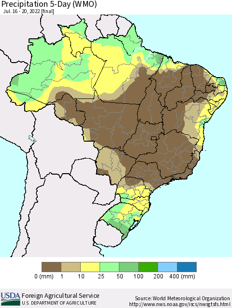 Brazil Precipitation 5-Day (WMO) Thematic Map For 7/16/2022 - 7/20/2022