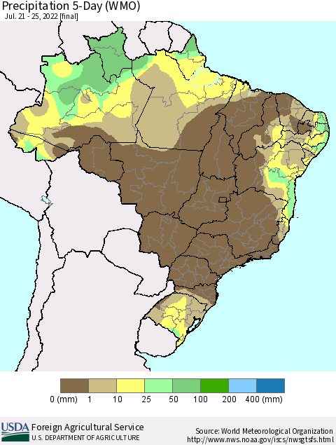 Brazil Precipitation 5-Day (WMO) Thematic Map For 7/21/2022 - 7/25/2022