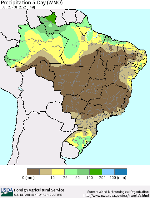 Brazil Precipitation 5-Day (WMO) Thematic Map For 7/26/2022 - 7/31/2022