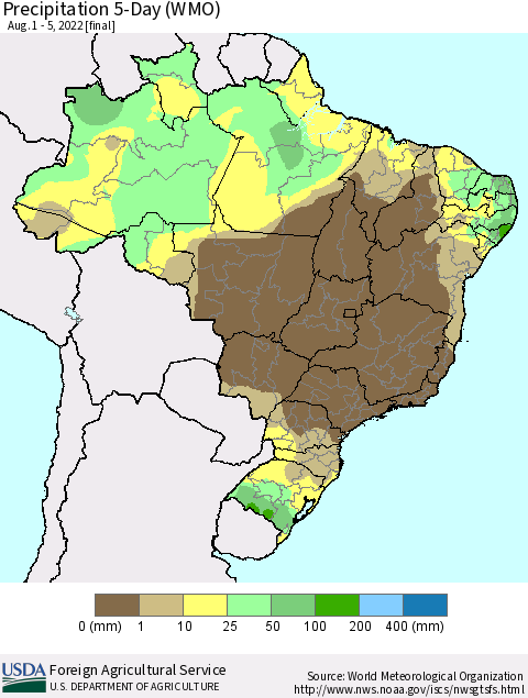 Brazil Precipitation 5-Day (WMO) Thematic Map For 8/1/2022 - 8/5/2022