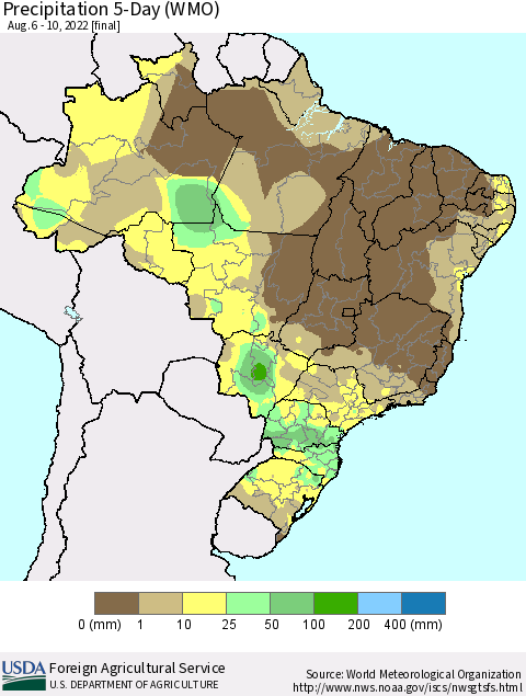 Brazil Precipitation 5-Day (WMO) Thematic Map For 8/6/2022 - 8/10/2022