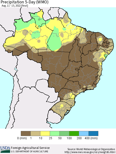 Brazil Precipitation 5-Day (WMO) Thematic Map For 8/11/2022 - 8/15/2022