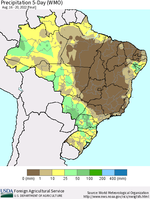 Brazil Precipitation 5-Day (WMO) Thematic Map For 8/16/2022 - 8/20/2022
