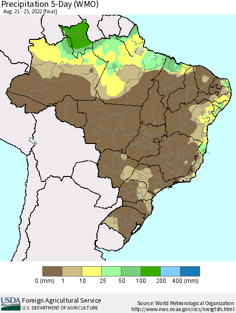 Brazil Precipitation 5-Day (WMO) Thematic Map For 8/21/2022 - 8/25/2022