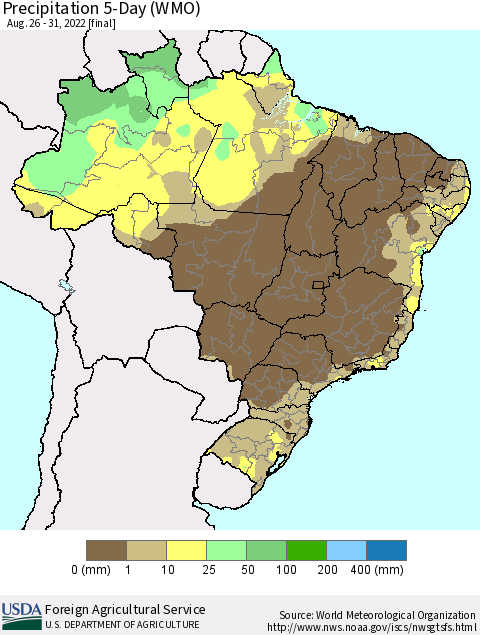 Brazil Precipitation 5-Day (WMO) Thematic Map For 8/26/2022 - 8/31/2022
