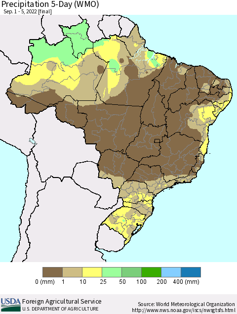 Brazil Precipitation 5-Day (WMO) Thematic Map For 9/1/2022 - 9/5/2022
