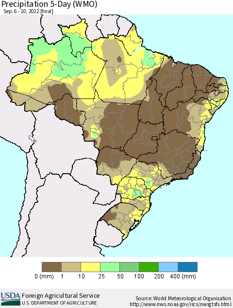 Brazil Precipitation 5-Day (WMO) Thematic Map For 9/6/2022 - 9/10/2022