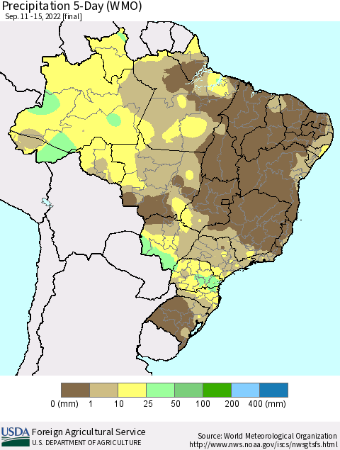 Brazil Precipitation 5-Day (WMO) Thematic Map For 9/11/2022 - 9/15/2022