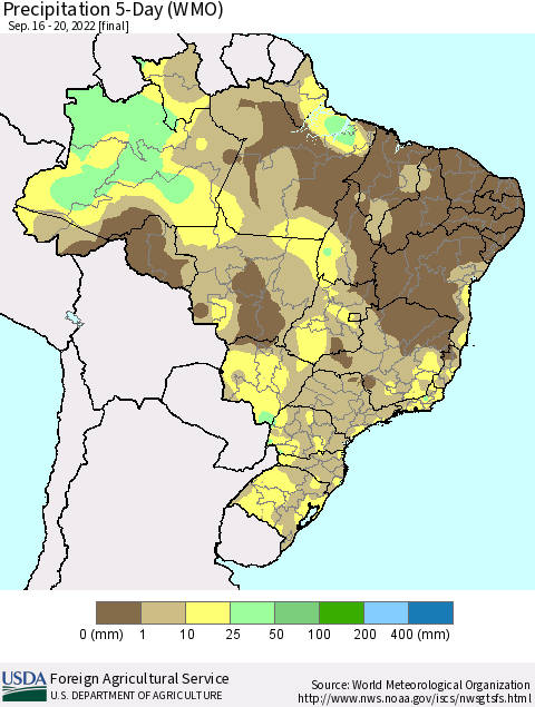 Brazil Precipitation 5-Day (WMO) Thematic Map For 9/16/2022 - 9/20/2022