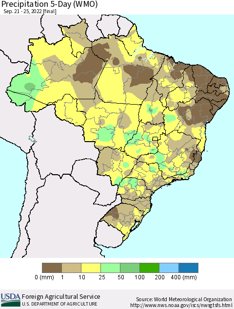 Brazil Precipitation 5-Day (WMO) Thematic Map For 9/21/2022 - 9/25/2022