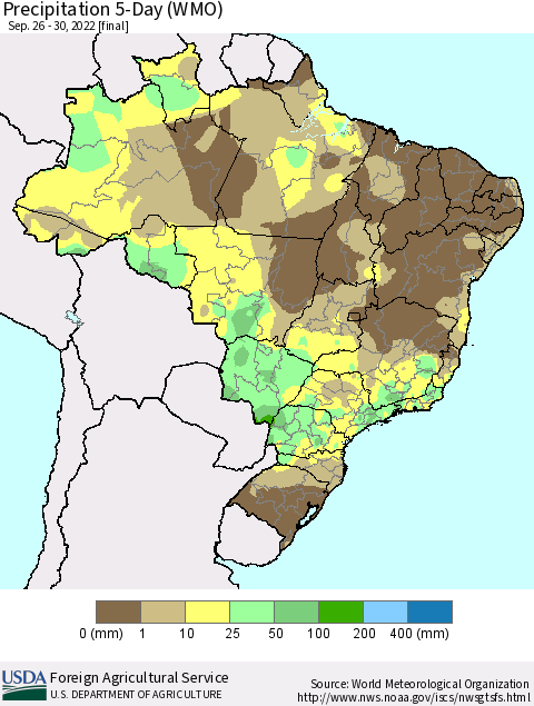 Brazil Precipitation 5-Day (WMO) Thematic Map For 9/26/2022 - 9/30/2022