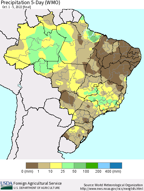 Brazil Precipitation 5-Day (WMO) Thematic Map For 10/1/2022 - 10/5/2022