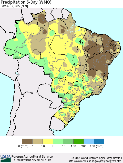 Brazil Precipitation 5-Day (WMO) Thematic Map For 10/6/2022 - 10/10/2022