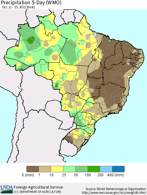 Brazil Precipitation 5-Day (WMO) Thematic Map For 10/11/2022 - 10/15/2022