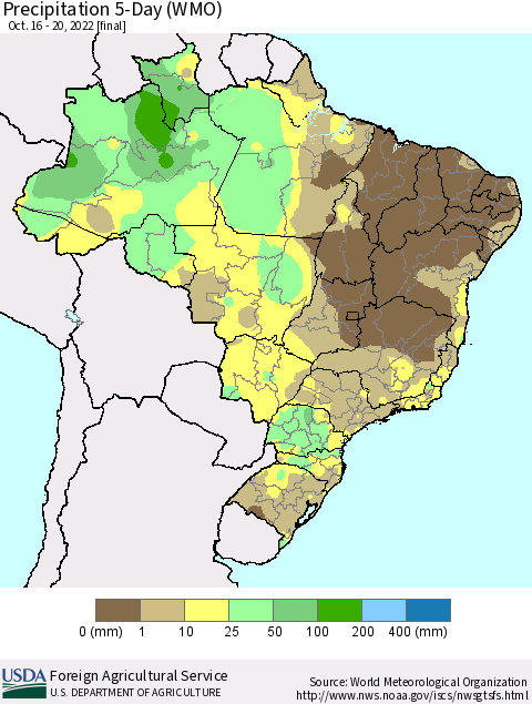 Brazil Precipitation 5-Day (WMO) Thematic Map For 10/16/2022 - 10/20/2022
