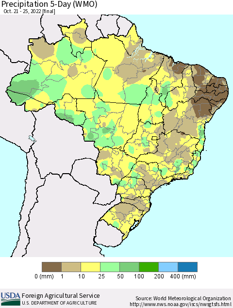 Brazil Precipitation 5-Day (WMO) Thematic Map For 10/21/2022 - 10/25/2022