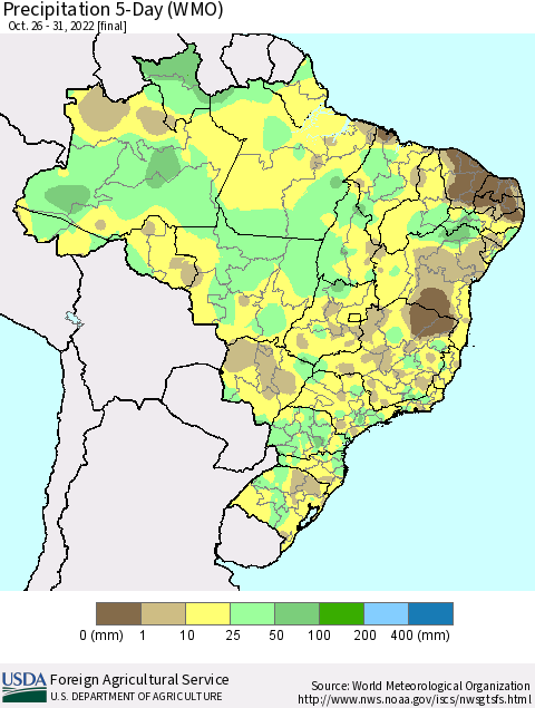 Brazil Precipitation 5-Day (WMO) Thematic Map For 10/26/2022 - 10/31/2022