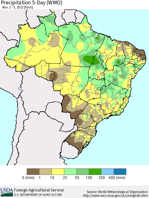 Brazil Precipitation 5-Day (WMO) Thematic Map For 11/1/2022 - 11/5/2022