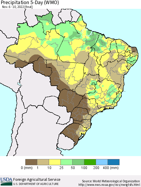 Brazil Precipitation 5-Day (WMO) Thematic Map For 11/6/2022 - 11/10/2022