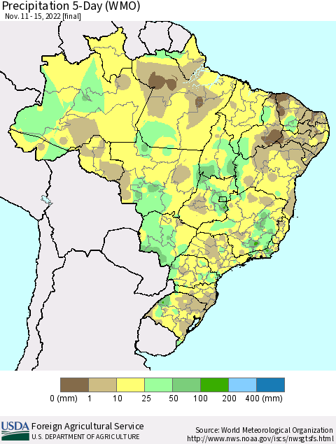 Brazil Precipitation 5-Day (WMO) Thematic Map For 11/11/2022 - 11/15/2022