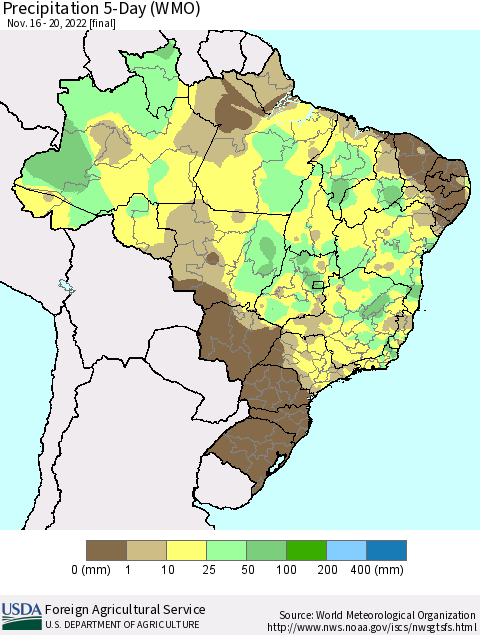 Brazil Precipitation 5-Day (WMO) Thematic Map For 11/16/2022 - 11/20/2022
