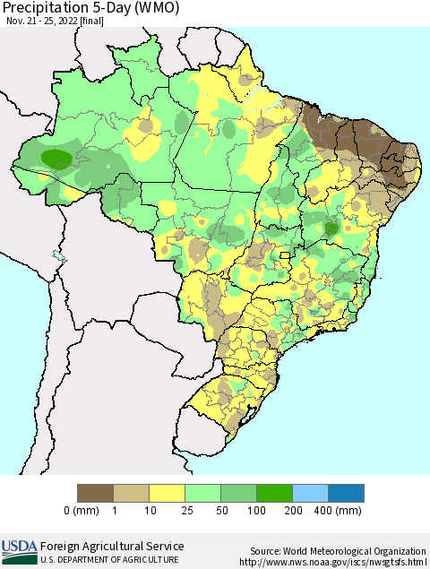 Brazil Precipitation 5-Day (WMO) Thematic Map For 11/21/2022 - 11/25/2022