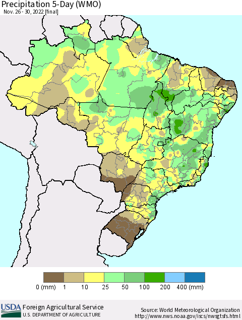 Brazil Precipitation 5-Day (WMO) Thematic Map For 11/26/2022 - 11/30/2022