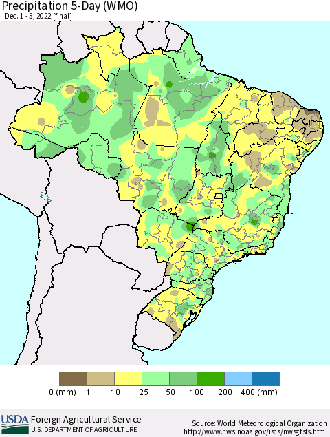 Brazil Precipitation 5-Day (WMO) Thematic Map For 12/1/2022 - 12/5/2022