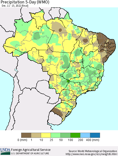Brazil Precipitation 5-Day (WMO) Thematic Map For 12/11/2022 - 12/15/2022