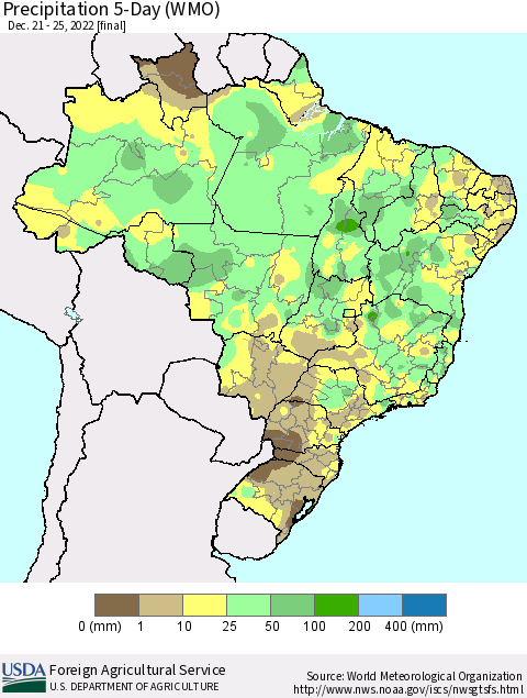 Brazil Precipitation 5-Day (WMO) Thematic Map For 12/21/2022 - 12/25/2022