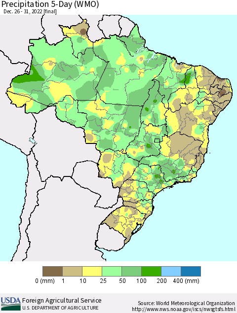 Brazil Precipitation 5-Day (WMO) Thematic Map For 12/26/2022 - 12/31/2022