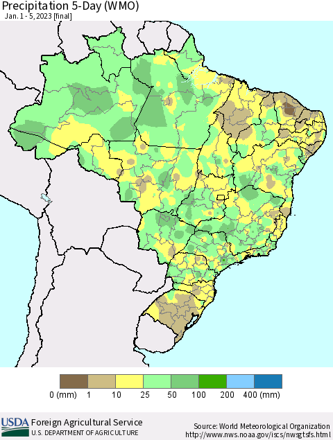 Brazil Precipitation 5-Day (WMO) Thematic Map For 1/1/2023 - 1/5/2023