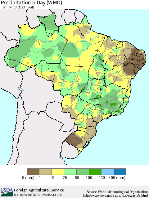 Brazil Precipitation 5-Day (WMO) Thematic Map For 1/6/2023 - 1/10/2023