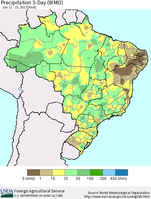 Brazil Precipitation 5-Day (WMO) Thematic Map For 1/11/2023 - 1/15/2023
