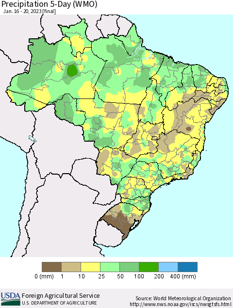 Brazil Precipitation 5-Day (WMO) Thematic Map For 1/16/2023 - 1/20/2023