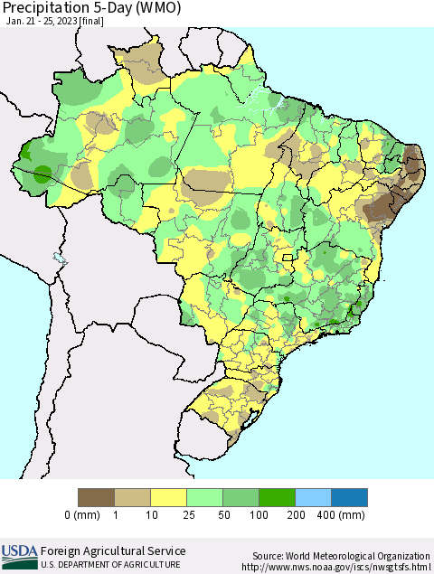 Brazil Precipitation 5-Day (WMO) Thematic Map For 1/21/2023 - 1/25/2023
