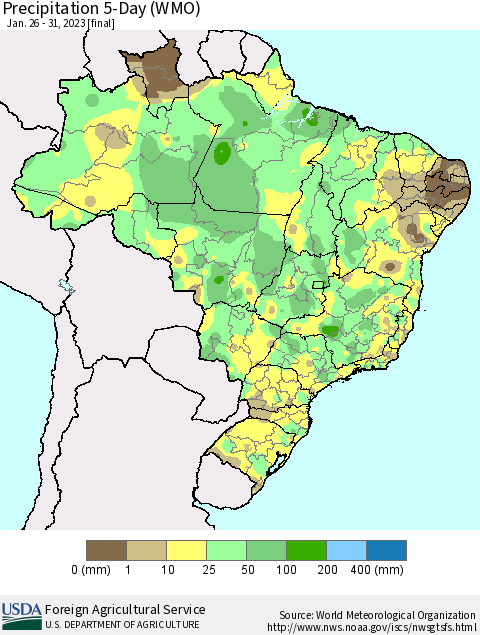 Brazil Precipitation 5-Day (WMO) Thematic Map For 1/26/2023 - 1/31/2023