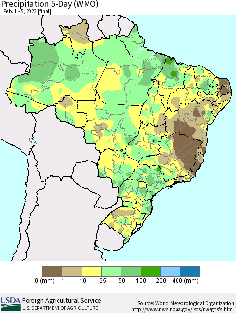 Brazil Precipitation 5-Day (WMO) Thematic Map For 2/1/2023 - 2/5/2023