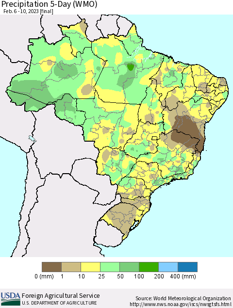 Brazil Precipitation 5-Day (WMO) Thematic Map For 2/6/2023 - 2/10/2023