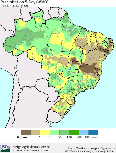 Brazil Precipitation 5-Day (WMO) Thematic Map For 2/11/2023 - 2/15/2023