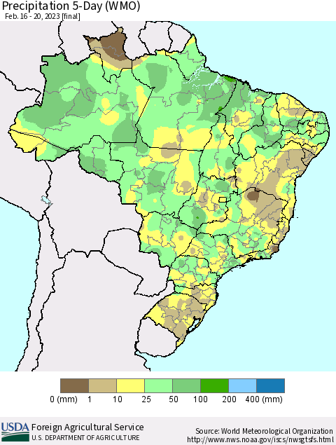 Brazil Precipitation 5-Day (WMO) Thematic Map For 2/16/2023 - 2/20/2023