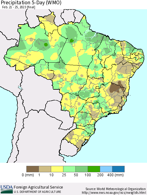 Brazil Precipitation 5-Day (WMO) Thematic Map For 2/21/2023 - 2/25/2023