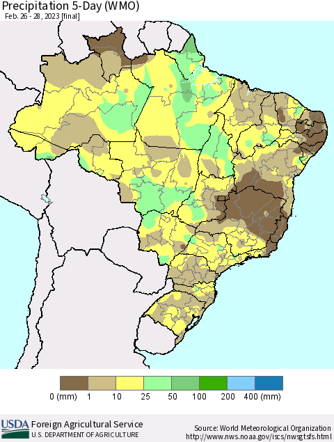 Brazil Precipitation 5-Day (WMO) Thematic Map For 2/26/2023 - 2/28/2023