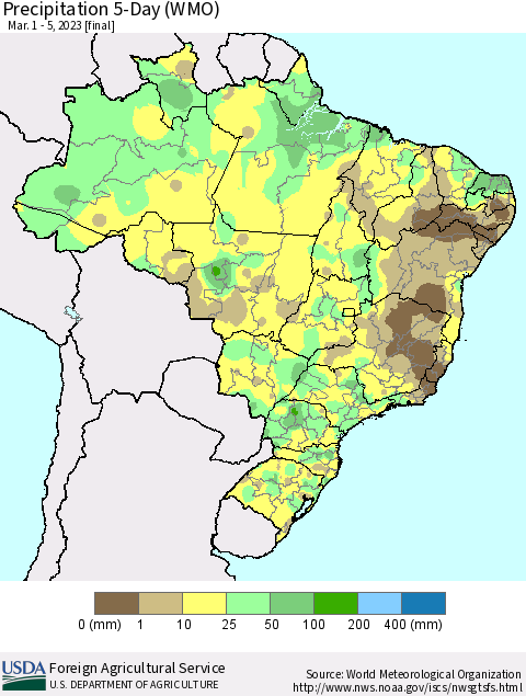Brazil Precipitation 5-Day (WMO) Thematic Map For 3/1/2023 - 3/5/2023