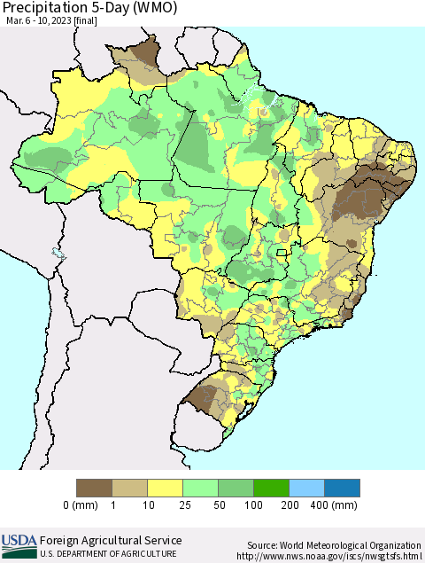 Brazil Precipitation 5-Day (WMO) Thematic Map For 3/6/2023 - 3/10/2023